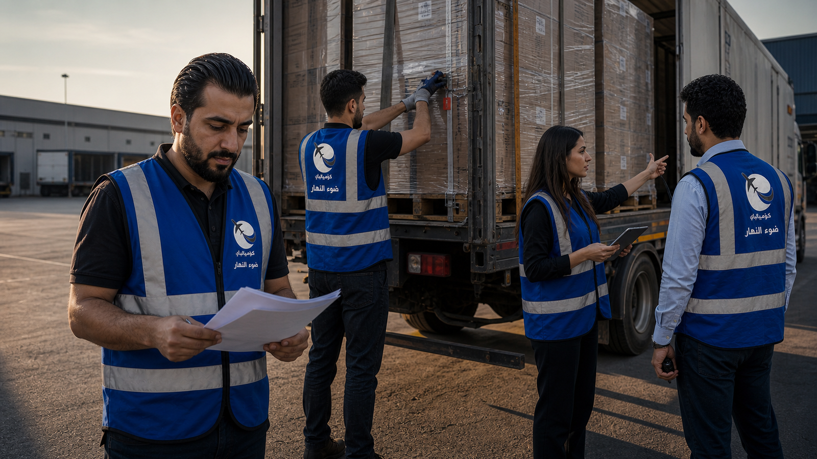 Dhaw Al Nahar road freight and customs team wearing branded safety uniforms